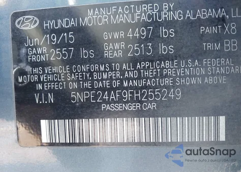 2015 Hyundai Sonata Se from USA, damaged, VIN 5NPE24AF9FH255249
